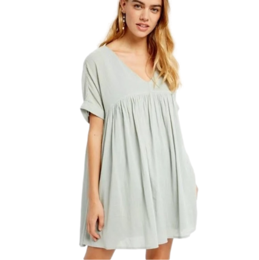 Sage V-Neck Short-Sleeve Babydoll Tunic Dress